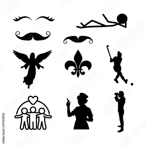Collection of diverse black silhouette icons and symbols on white background