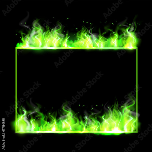 Green fire frame in the shape of rectangle, vector fiery frame, burning clipping mask border with light effect