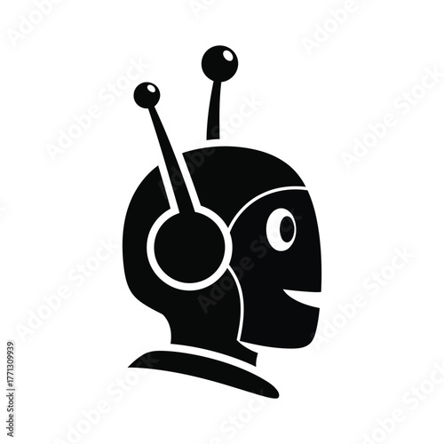 Black robot head with antennae and smiling face artificial intelligence