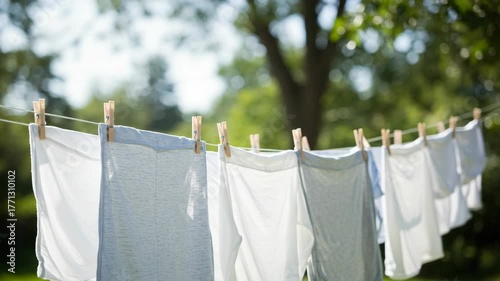 Laundry hanging on a line in sunny garden with greenery background  