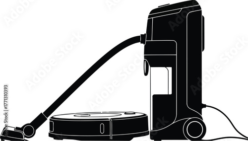 Black silhouette of a canister vacuum cleaner and robot vacuum
