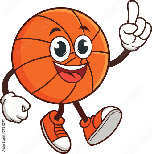 Cartoon basketball character with arms and legs pointing finger up vector template sport game