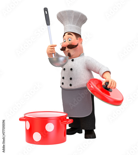 3d illustration cook with a pot and ladle