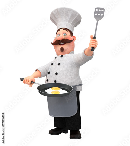 3d illustration cook with fried eggs in a frying pan