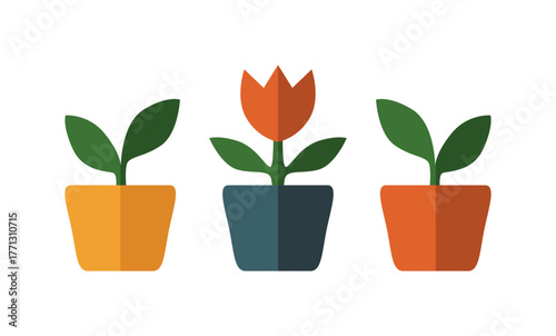 Eine Tulpe und zwei grüne Pflanzen in Blumentöpfen – Moderne, flache Vektorillustration