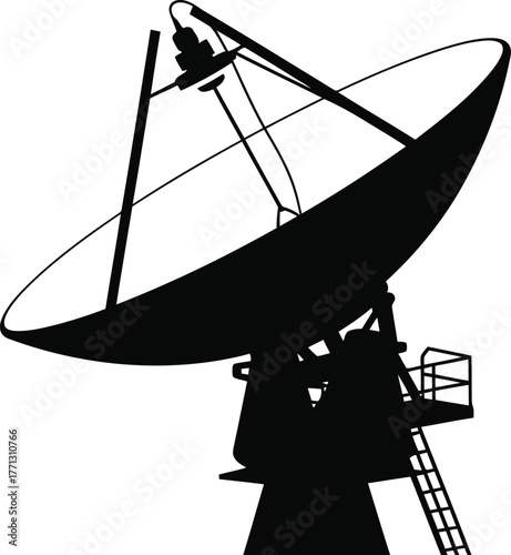 Black silhouette of a large satellite dish antenna on a white background 1