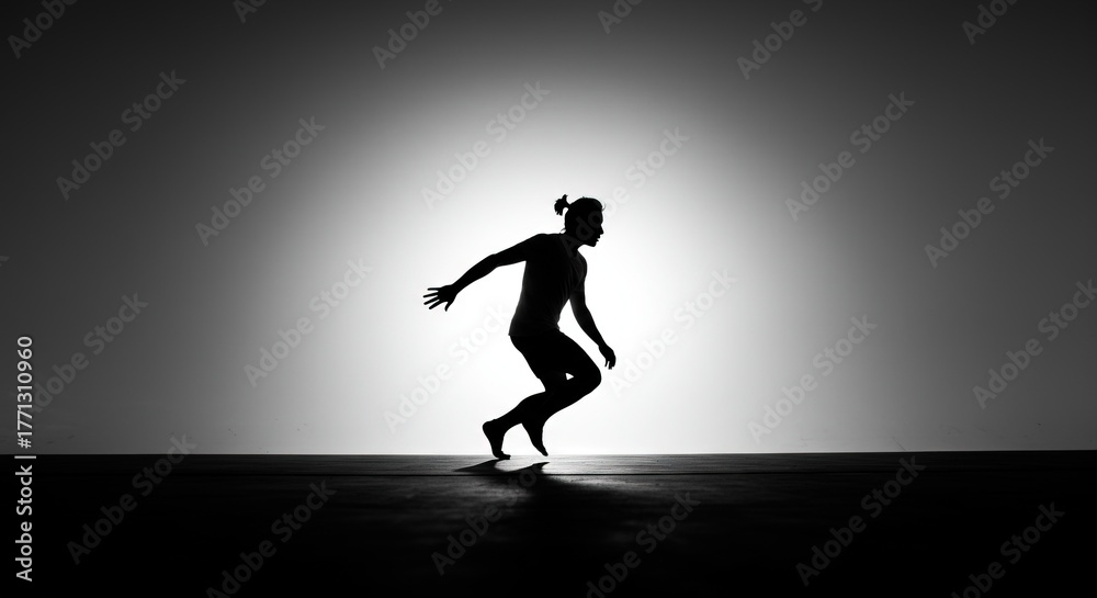 Fototapeta premium Dramatic silhouette of a modern dancer performing an energetic routine under a bright spotlight