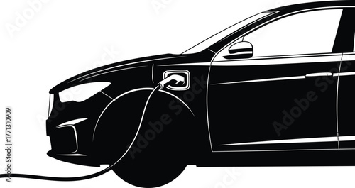 Black silhouette of electric car charging port connected to charger