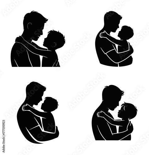 Illustrations of fathers affectionately embracing their sons, depicting the unconditional love, strong paternal bonds, and the comforting connection within a family
