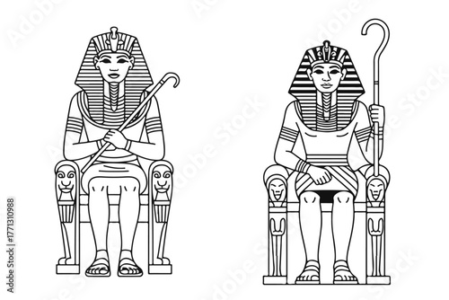 Pharaohs on Thrones Detailed Line Art Depictions of Ancient Egyptian Rulers Holding Crooks