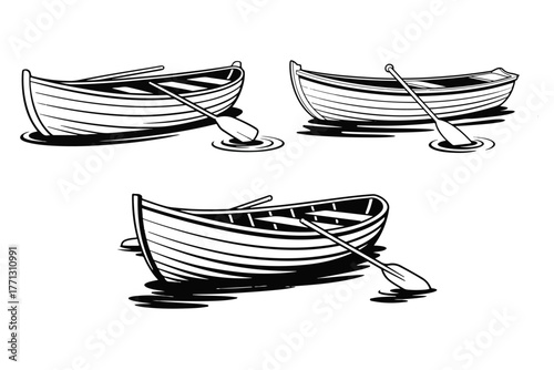 A beautifully hand-drawn collection of three vintage wooden rowboats with oars, depicted in a classic black and white sketch style for a nautical adventure theme