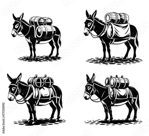 Set of four vintage black and white donkey illustrations carrying a heavy pack load, depicted in a classic woodcut or engraving art style for logos or emblems