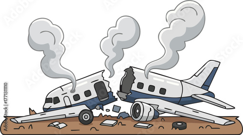 Airplane Crash Debris Vector Illustration with Smoke, Broken Fuselage, Easy Tracing, Cartoon Aviation Disaster