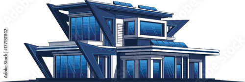 Futuristic house with sharp angles and blue glass windows on a white background