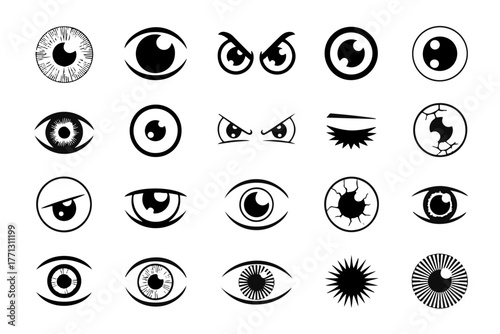 A Collection of Expressive Eye Icons Emotive Gaze, Detailed Iris, and Cartoon Eyes Designs