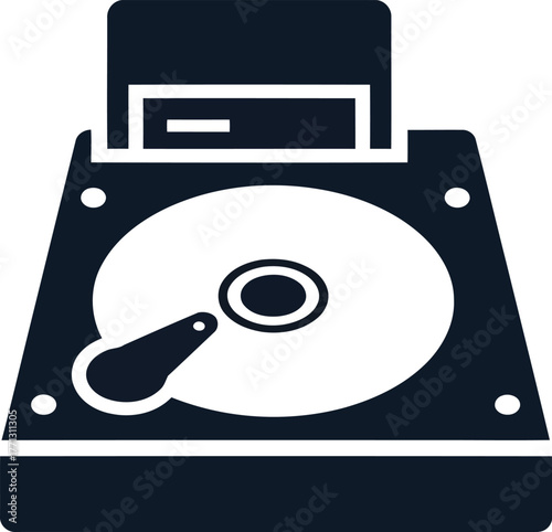 Dark blue icon of a hard drive with a floppy disk computer