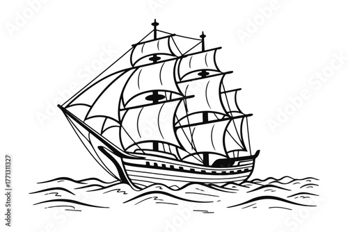 Majestic Ship Silhouette Detailed Line Art of a Sailing Vessel on Wavy Seas for Nautical Designs and Artistic Projects