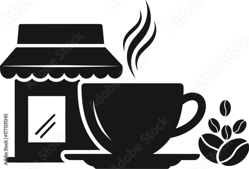 Coffee shop logo with steaming cup and beans perfect for branding and marketing