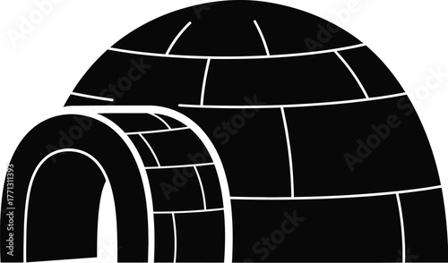 Simple black and white graphic of an igloo with a visible entrance on white