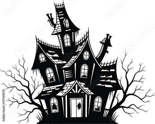 Spooky haunted house silhouette with bare trees against a white background art