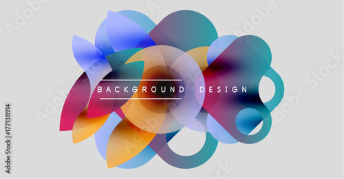 Abstract colorful shapes overlap, creating dynamic background design. Soft gradients blend, offering modern visual appeal.