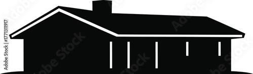 Simple black and white house icon with chimney and porch in minimalist style