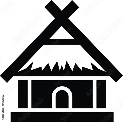 Simple black and white vector graphic of a traditional tribal hut or house