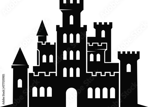 Silhouette of a majestic castle with towers and turrets on a white background