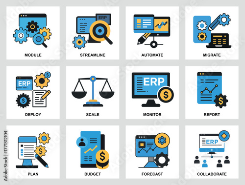 Enterprise Resource Planning (ERP) System Icons Module, Streamline, Automate, Migrate, Deploy, Scale, Monitor, Report, Plan, Budget, Forecast, and Collaborate