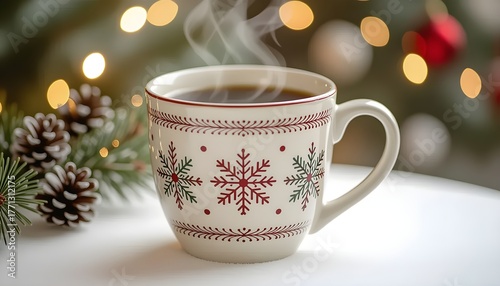 Beautiful white steamy hot coffee cup on a white Christmas background, 