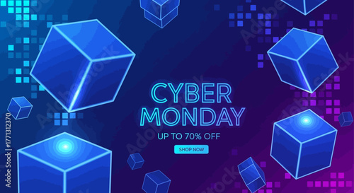 3D Cube Pixel Cyber Monday Flat Vector Background in Neon Blue