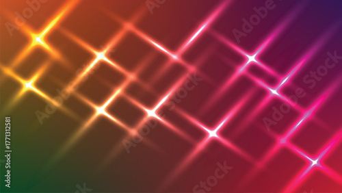 Abstract Light Sparking Background in Purple, Orange, Green and Pink Colors. Vibrant abstract background with glowing diamond shapes and light streaks