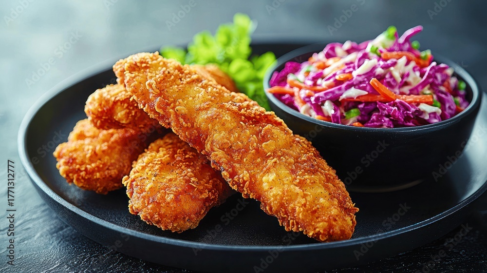 Fototapeta premium Crispy fried chicken tenders with coleslaw