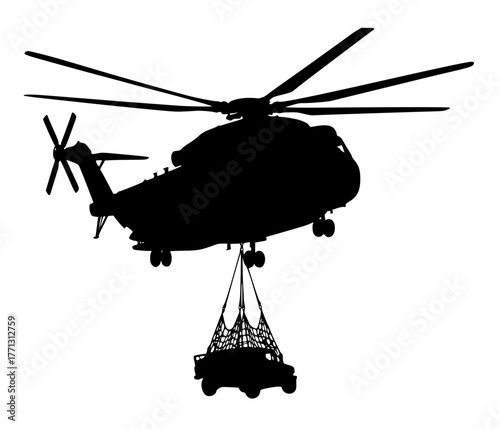 silhouette vector illustration of a military large heavy-lift helicopter carrying a ground vehicle, helicopter with cargo