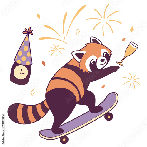 SVG art: A Bashful Red Panda in a New Year's Eve/Day vibe with riding a skateboard, tinted with New Beginnings tones