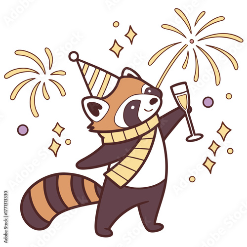 Cute Peaceful Red Panda, accessorized with with a scarf, in a New Year's Eve/Day world – New Beginnings palette vector