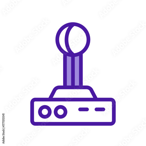 Retro joystick controller icon representing classic arcade video gaming, a purple line art symbol for digital entertainment and interactive fun