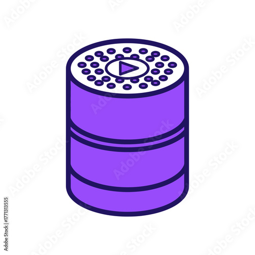Purple smart speaker icon with play button for voice assistant technology. A simple vector line art illustration of a home audio device