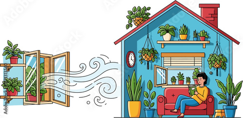 Illustration of a person relaxing indoors surrounded by houseplants, with a refreshing breeze coming through an open window, symbolizing fresh air and well-being