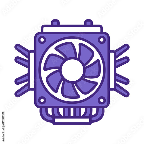 Computer hardware cooling system vector icon featuring a processor fan and heatsink assembly in a purple line art style