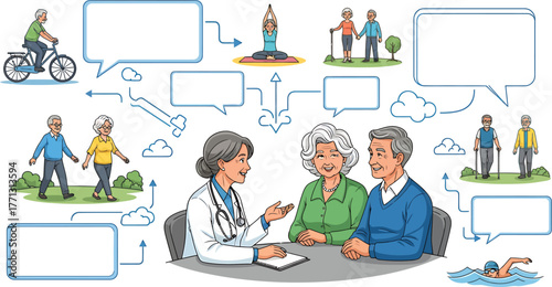 Healthy Aging Illustration Active Seniors and Doctor Concept