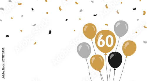 Golden and silver balloons with confetti celebrating a 60th birthday