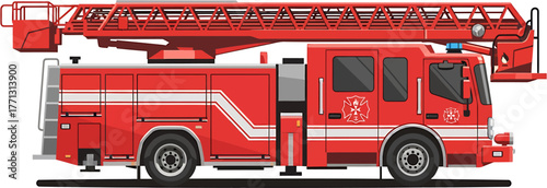 Detailed Vector Graphic of a Red Fire Truck with Extension Ladder
