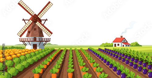 Vibrant farm landscape illustration featuring a traditional windmill, cozy farmhouse, and rows of cultivated vegetables, depicting sustainable agriculture and a bountiful harvest