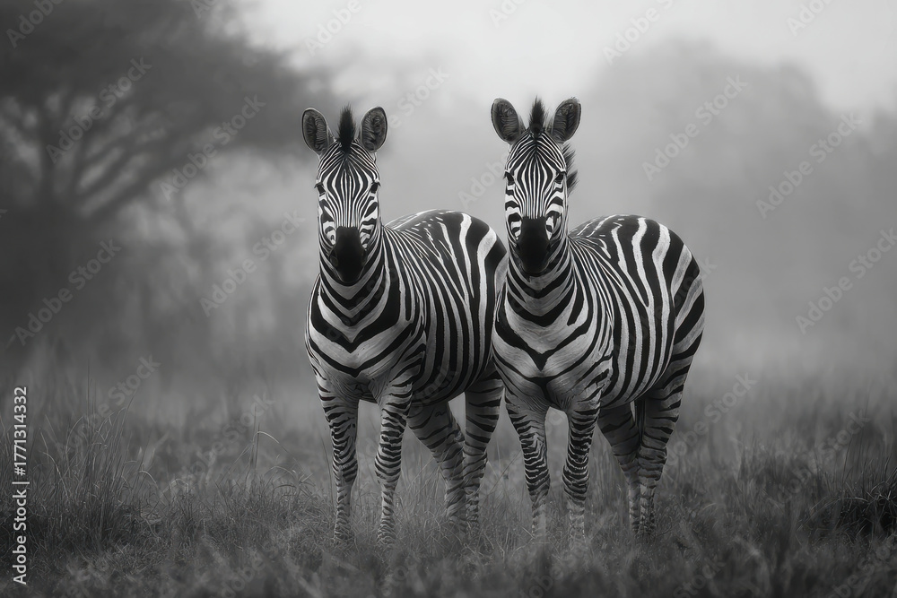 Fototapeta premium Two zebras stand side by side in misty field, calm and watchful gaze evident