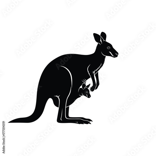 Silhouette of a mother kangaroo with joey in pouch on a white background
