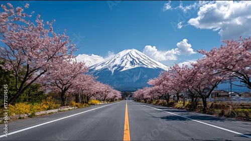 Scenic road leading to mountain peak with blooming trees and blue sky