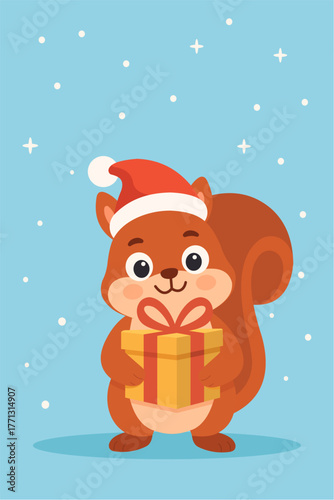 Cute Christmas Squirrel Holding Gift Box in Modern Flat Design
