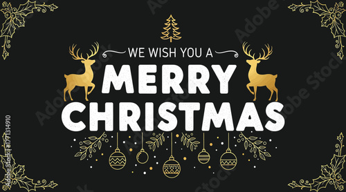 A festive merry christmas greeting card design featuring golden reindeer, ornaments, and decorative elements on a, perfect for spreading holiday cheer and warmth