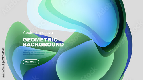 Abstract shapes overlap, creating vibrant green, blue gradients. Text promotes geometric background design, includes read more button.